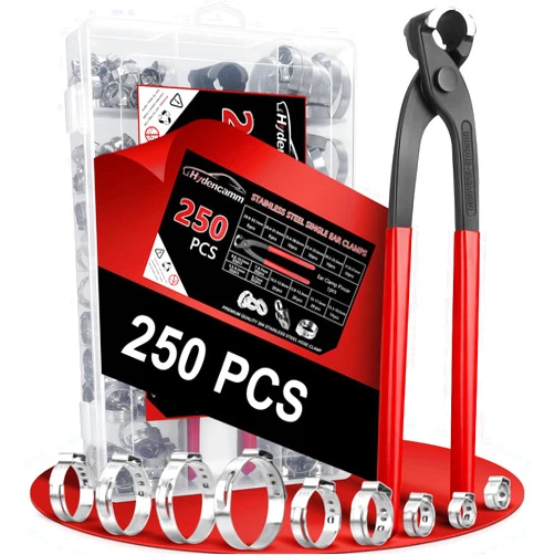Hydencamm 250PCS 14 Sizes Single Ear Hose Clamp, 5.3-33.1mm 304 Stainless Steel Ear Clamp Kit with Ear Clamp Pincer, Stepless Hose Clamps Cinch Rings for Automotive, Home Appliance Line and Plumbing