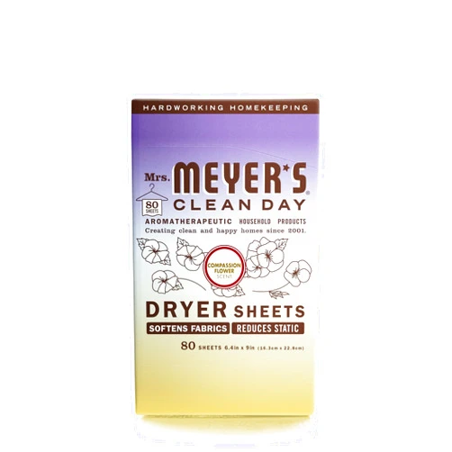 MRS. MEYER'S CLEAN DAY Dryer Sheets, Fabric Softener, Reduces Static, Infused with Essential Oils, Compassion Flower, 80 Count