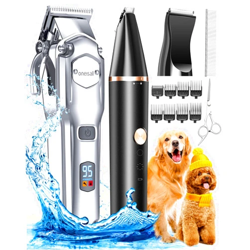 oneisall Dog Grooming Kit for Heavy Thick Hair&Coats/Low Noise Rechargeable Cordless Pet Shaver with Stainless Steel Blade and Dog Paw Trimmer/Waterproof Dog Shaver for Dogs Pets Animals