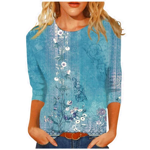 WJDNHKYD Women's 3/4 Sleeve Shirts Crew Neck Loose Tops Casual Solid Color Tshirts Trendy Basic Tunic Summer Ladies Tops