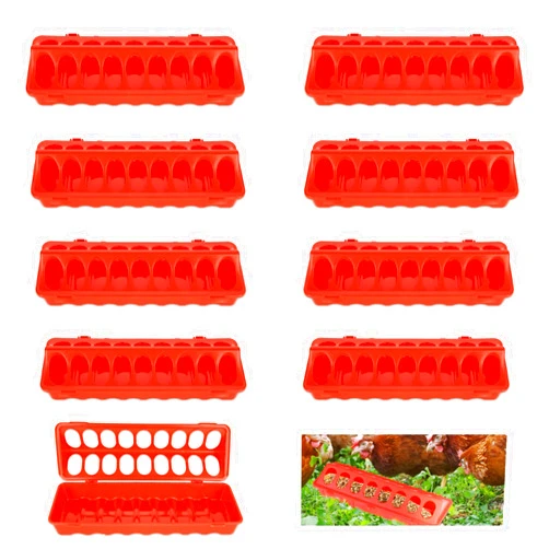 LANIAKEA 10PCS Flip Top Poultry Feeder, Plastic Chicken Feeder, No Mess No Waste Small Quail Feeder for Chickens, Pigeons, Parrots, Quail, Birds and More (Red)