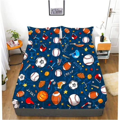 Gusuhome Boys Sports Fitted Sheet Full/Queen Size 3D Soccer Basketball Baseball Football Bedding for Kids Teens Bedroom Comfy Deep Pocket Bed Sheet Set Decorative for Sports Fans Blue