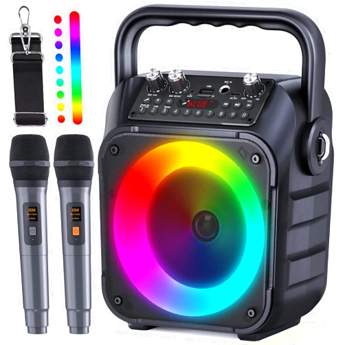 CYY Karaoke Machine, Portable Bluetooth Speaker with 2 Wireless Microphones for Adults & Kids with Lights, Karaoke Microphone with PA System Supports USB/TF/REC/FM/AUX for Home Party