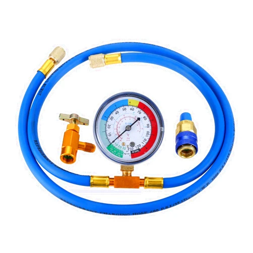 Gohantee R134a Recharge Hose Kit with Gauge, 51'' AC Refrigerant Recharging Hose Measuring Kit, Self-sealing R-134a Can Tap Refrigerant Dispenser to R-12/R-22 port, Include R134a Low Side Quick Couple
