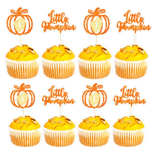 Ephlyn 24Pcs Little Pumpkin Cupcake Toppers Orange Glitter Baby Shower Cake Toppers Pumpkin Cake Decorations for Thanksgiving Halloween Baby Shower Kids Birthday Party Supplies