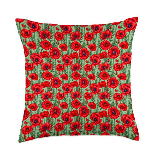 Pyxie Gurl Scarlett Red Poppies Floral Flowers Gray Grey Throw Pillow, 18x18, Multicolor