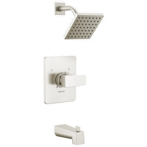 Delta Modern 14 Series Square Bathtub and Shower Faucet Set, Brushed Nickel Shower Head and Handle Set, Valve Trim Kit, Stainless T14467-SS-PP (Valve Not Included)