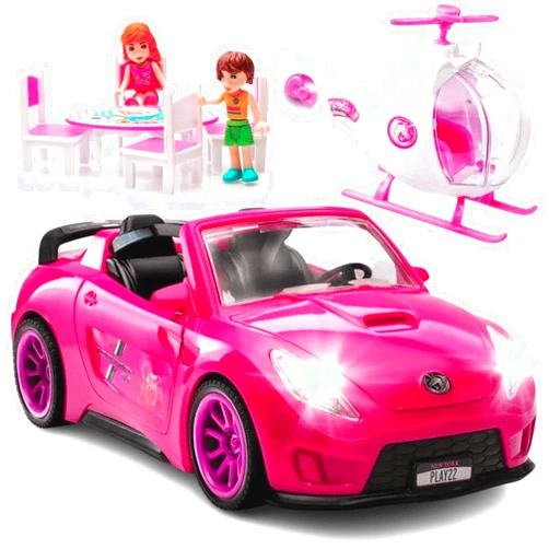 Play22 Pink Car Convertible 2-Seater Vehicle Doll Accessories with Lights and Sounds 10 Pc - Car for Dolls Toy Car includes Doll Helicopter, 2 Figurines, and Dining Table Set - Great Toddler Gift