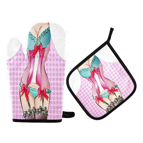 QUGRL Oven Mitts and Pot Holders Set Funny Kitchen Apron Kitchen Oven Gloves Pin-up Sexy Bikini Girl Hot Pads Heat Resistant Handling Cooking Cookware Bakeware BBQ