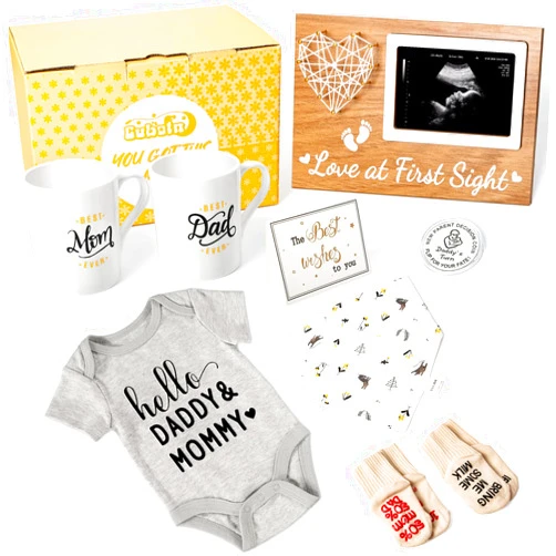 Cubotn Pregnancy Gifts for First Time Moms - New Parents Gift Set Pregnancy Announcement Baby Shower Basket Mom & Dad Mugs, Baby Ultrasound Frame, Decision Coin, Onesie, Bib and Socks