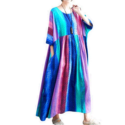 Versear Floral Baggy Dress Pockets Women Plus Size Swing Maxi Dress