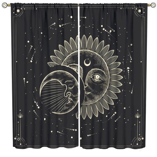 Tong shan Sun Moon Curtain,Bohemian Style Rod Pocket Light Blocking Window Drapes Sun, Moon, Stars for Kitchen Cafe Decoration 42x45in