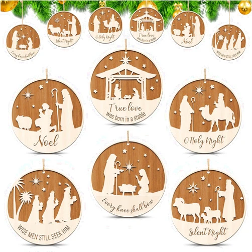 Barydat 12 Pcs Christmas Nativity Scene Ornaments Round Christmas Hanging Tags Farmhouse The Birth of Jesus Christmas Tree Decorations Religious Gift for Family Home Xmas Decor (Wood)