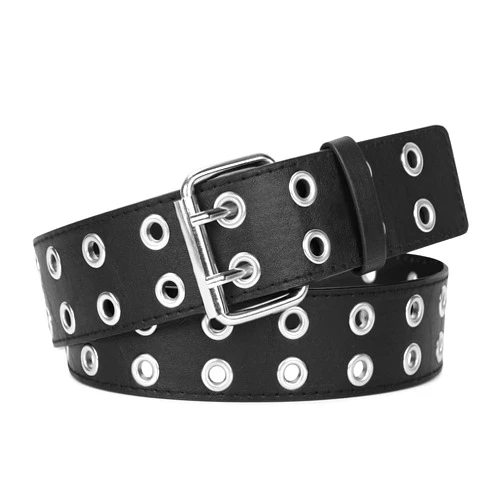 WERFORU Double Grommet Belt PU Leather Punk Belt for Women Men Jeans 2 Hole Belts 1.5 Wide