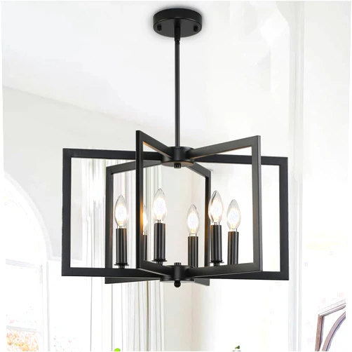 GZDEZCL Black Chandelier, 6 Light Dining Room Light Fixture Industrial Farmhouse Hanging Chandelier Modern Geometric Pendant Lighting for Kitchen Island Entryway Hallway Foyer