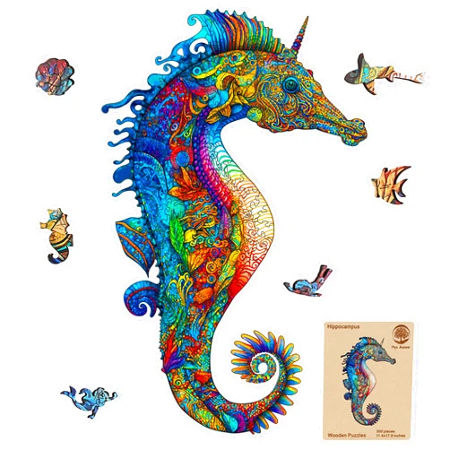Mys Aurora Wooden Jigsaw Puzzle for Adults and Kids Unique Shape Wood Colorful Beautiful Box Fun Challenge Brain Health Family Game Creative Gift for Friends Rompecabezas Madera(Seahorse 300pcs)
