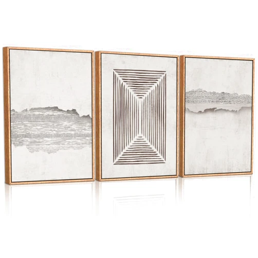 CHDITB Abstract Modern Framed Canvas Wall Art Set, Geometric Line Textured Wall Decor, Minimalist Neutral Wall Painting, Beige Black Art Prints for Living Room, Bedroom, Office - Large Size 16