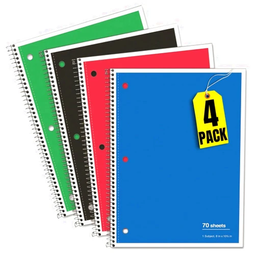 Always23 Spiral Notebook, Spiral Notebook Wide Rule, Wide/Legal Rule, 70 Sheet 10.5x8 Recycled Paper Notebooks For School Students Office, Assorted Cover Colors, 4 Pack