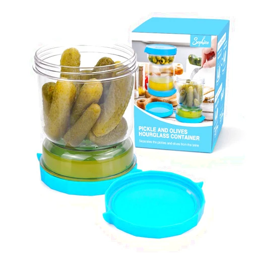 SOPHICO Pickle and Olives Jar Container with Strainer Flip, Leak-proof Juice Separator Hourglass Food Saver Storage Container (Transparent Blue)