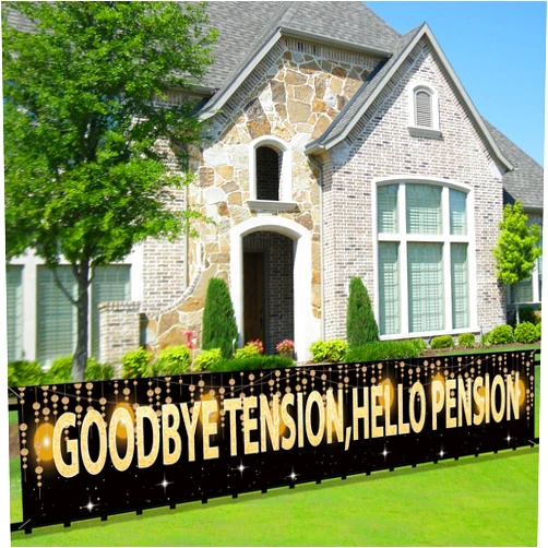 Joyiou Goodbye Tension Hello Pension Banner, Retirement Party Supplies Gifts and Decorations Sign Supplies, Retirement Photo Booth Props Backdrop Indoor Outdoor Decor (9.8x1.6ft)