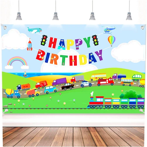 Tatuo Transportation Birthday Party Decorations Traffic Backdrop Photography Background Transportation Happy Birthday Banner Decoration Cake Table Banner for Boys Car Train Plane Ship Photo Party