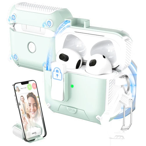 MHYALUDO for AirPods 3rd Generation Case Cover, Compatible with Magsafe, Magnetic Automatic Lock, Charging Port Dust-Proof & Stand Design with Cleaning Kit, Snow White/Mint Green