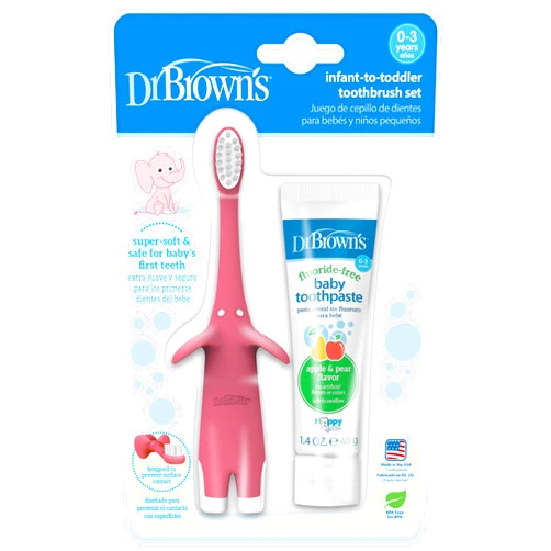 Dr. Brown's Infant-to-Toddler Training Toothbrush Set, Pink Elephant with Fluoride-Free Apple Pear Baby Toothpaste, 0-3 years (Colors May Vary)