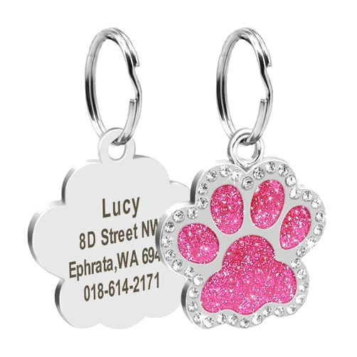 Didog Glitter Rhinestone Paw Print Custom Pet ID Tags,Crystal Stainless Steel Personalized Engrave ID Tags Fit Small Medium Large Dogs and Cats,Pink
