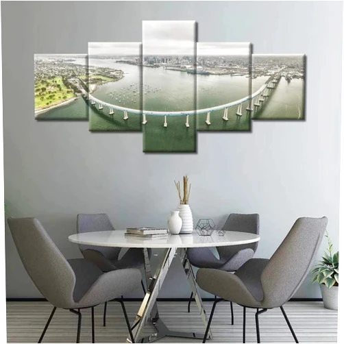 ASATTI 5 Pieces Wall Art 5 Panel Wall Art Canvas Painting San Diego City Coronado Bridge Steel Girder Bridge Skyline For Modern Bedroom,Living Room,Office Wall Decoration,Gift Large Size Framed Artwork
