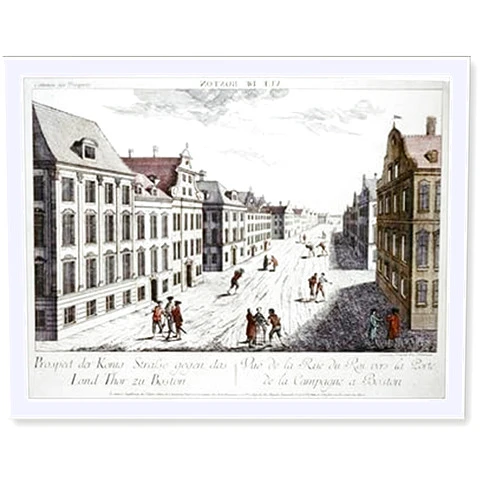 Snapshots of the Past Historic Print, Vuë de Boston. Prospect der Könnig Strasse gegen das land thor zu Boston Vuë de la Rue du Roi vers la porte de la campagne a Boston.gravé par Francois Xav. Habermann. - 2, 16