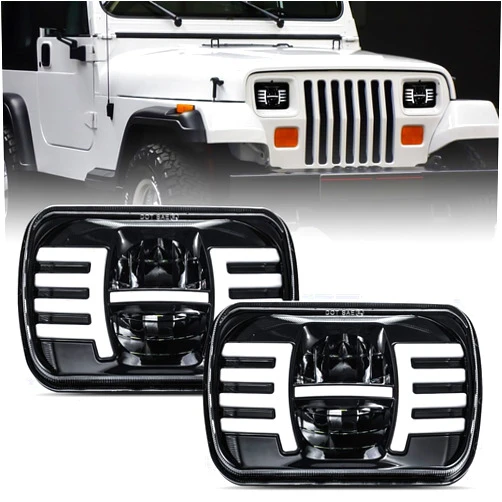 LLPTA 2pcs 5x7 7x6 Rectangular 4000 Lumen Super Bright Amber Turn Signal White High/Low Beam DRL Daytime Running Lights LED Halo Angel Eye Headlights Assembly+H4-3-Pin Adaptors Sealed Beam Replacement