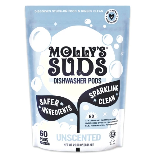 Molly's Suds Dishwasher Pods | Clean Dishwasher Detergent, Cuts Grease & Rinses Clean (Residue-Free) for Sparkling Dishes | 60 Auto-Release Tabs (Unscented)
