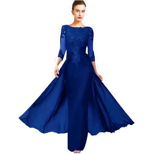 VENNYNG 2023 Mother of The Bride Dress Elegant Jewel Neck Chiffon Lace 3/4 Sleeves Mermaid Wedding Guest Gown with Overskirt