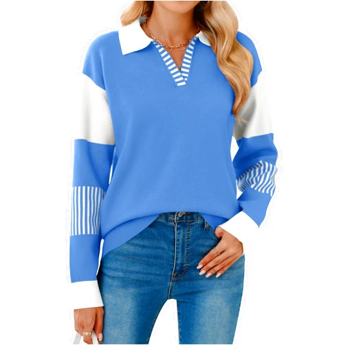 LOMON V Neck Long Sleeve Loose Sweaters Color Block Striped Knitted Pullover Jumper Tops