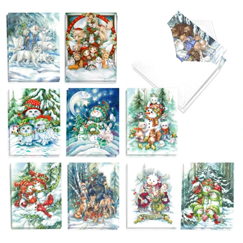 The Best Card Company - 20 Assorted Christmas Notecards Box Set 4 x 5.12 Inch with Envelopes (10 Designs, 2 Each) - Snowman Forest Animals AM7824XSG-B2x10