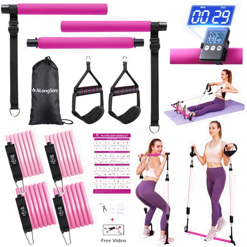 ALongSong Portable Pilates Bar Kit with Resistance Bands for Women & Men, Upgraded 3 Section Multifunctional Yoga Pilates Bar for Home Gym Exercise Fitness Equipment Supports Full-Body Workouts