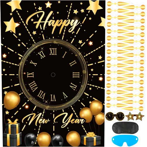 Hooqict New Years Party Games for Kids Family 2026 Pin The New Year’s Eve Games Countdown Clock Holiday Party Activities Supplies, Large Pin The Games Poster with 32 Stickers