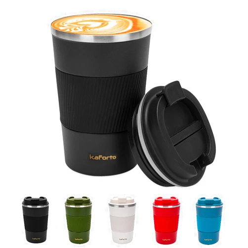 Kaforto 12oz Insulated Coffee Travel Mug Stainless Steel Vacuum Coffee Cup Leakproof with Screw Lid Double Wall Coffee Tumbler Reusable Thermal Cup for Hot/Iced Beverage - 380ml, Black