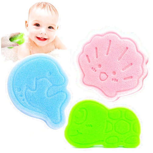 DANCELF Baby Bath Sponge, Natural Cute Shapes Soft Shower Sponges for Bathing, Bathtub Foam for Infants and Toddler, 3pcs : Blue Dolphin, Pink Shell, Green Turtle
