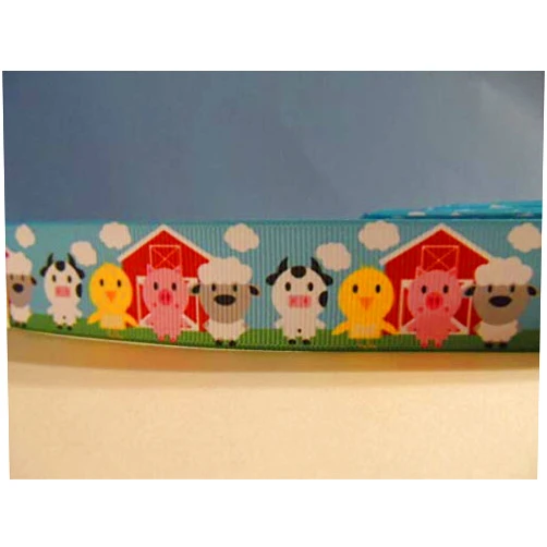 VERYN for Grosgrain Ribbon, Farm Animals & Red Barn, Cow Chicken Pig Sheep Blue Sky 1