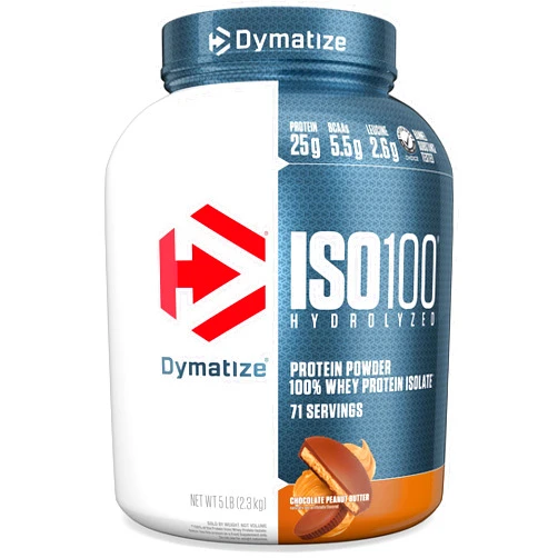 Dymatize ISO100 Whey Protein Powder Isolate, Chocolate Peanut Butter, 25g of Protein, 5 Pound, 5.5g BCAAs, Less Than 120 Cal., Gluten Free, 1g Fat, 1g Sugar, 2g Carb (71 Servings)