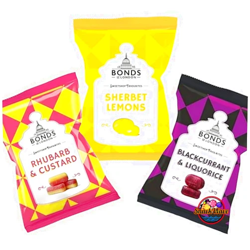 SnackWave Original Bonds London | The Best Flavors Of British Candy | Pack of 3 Flavors - Rhubarb & Custard, Sherbet Lemons, Blackcurrant & Liquorice | Bag Sugar Coated Flavored Boiled Sweets | Pack by SnackWave