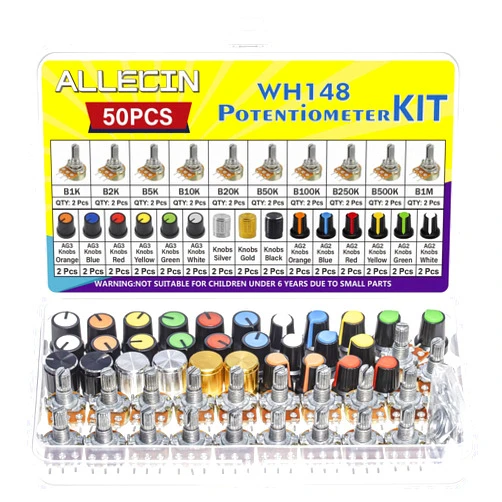 ALLECIN 80Pcs WH148 Potentiometer Kit 1K 2K 5K 10K 20K 50K 100K 250K 500K 1MK Ohm 15mm Shaft Single-Joint Linear Potentiometers 3Pins Set Variable Resistors with Plum Knob Cap and Aluminum Alloy Knobs