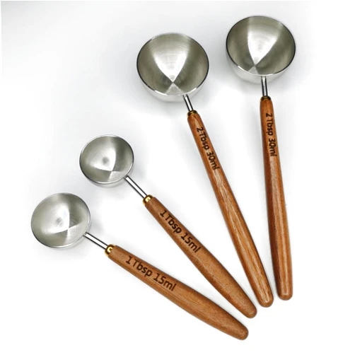 CHEF OLÉ WWW.CHEFOLE.COM Wood Spoons 4pcs Measuring Spoons for Ground Coffee Tea,Sugar,Seasoning,Multipurpose Wooden Scoops for Jars,for canisters,Bath Salts,Laundry Detergent (Black Walnut+304 Stainless Steel)