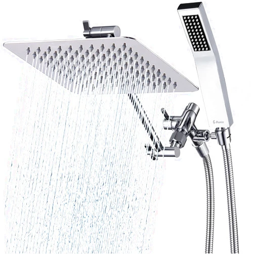 G-Promise All Metal 8 Inch Dual Square Shower Head with Handheld Spray Combo, Rain Shower Head, Adjustable Extension Arm, Smooth 3-Way Diverter, 71 Inch Extra Long Hose - A Bathroom Upgrade (Chrome)