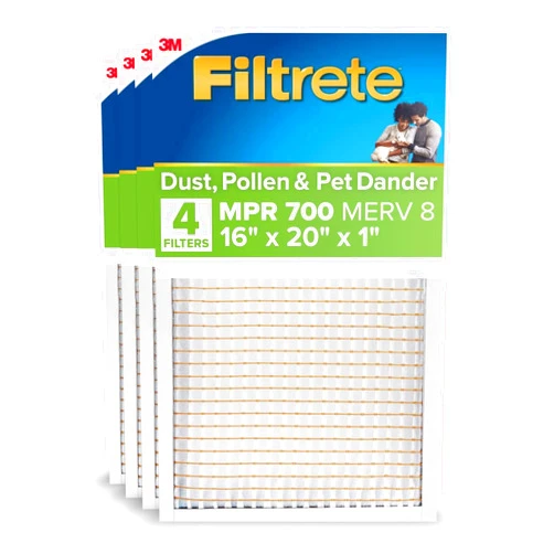 Filtrete 16x20x1 AC Furnace Air Filter, MERV 8, MPR 700, Tough on Pollen, Easy on Airflow, 3-Month Pleated 1-Inch Electrostatic Air Cleaning Filter, 4-Pack (Actual Size 15.688 x 19.688 x 0.78 in )