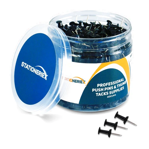 Stationeriex Push Pins, 600 Black Alloy Steel Tacks for Bulletin Board - Heavy Duty Plastic Head, Thumbtacks for Wall Corkboard Map Calendar Photo - Home Office Craft Projects