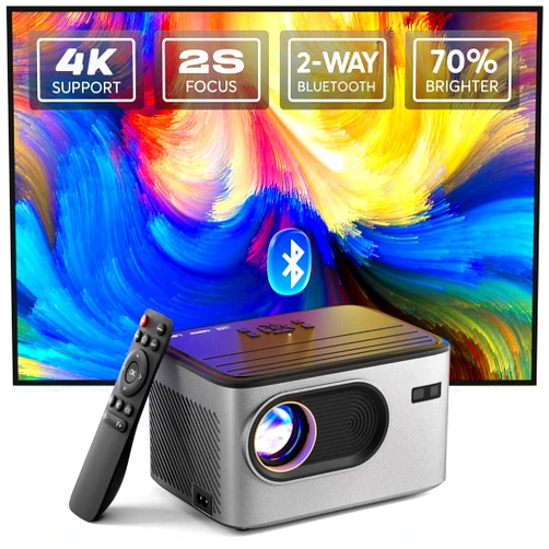 PANSEBA [2s Focus with Remote] PANSEBA 4K Projector, Native 1080P Bluetooth Projector, Portable Outdoor Movie Projector, Mini Projector for Home Theater, Compatible with Smartphone,HDMI,USB,TV Stick