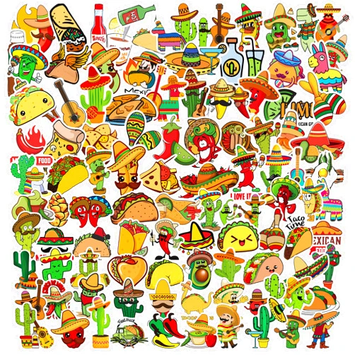Dorgua 100Pcs Mexican Fiesta Stickers, Cinco de Mayo Sticker, Mexican Food Stickers Vinyl Waterproof Sticker for Adults Water Bottle Laptop Decor Cinco de Mayo Party Favors Birthday Gifts