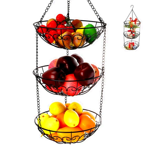 Dicunoy 3-Tier Hanging Fruit Basket, Heavy Duty Wire Baskets for Kitchen, Rustic Hanging Veggie Rack, Metal Fruit Holder with Hook Storage for Potatoes, Onions, Oranges, Bananas, Limes, Lemons